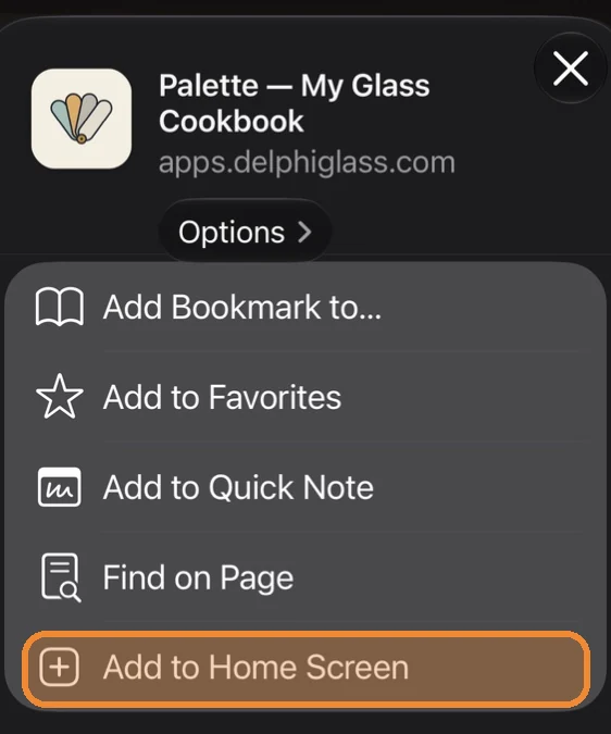 Add to Home Screen action highlighted